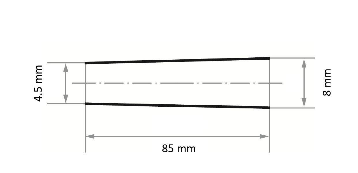 Technical drawing showing a trapezoid, 85 mm wide, with heights of 4.5 mm and 8 mm, featuring dashed centerline.