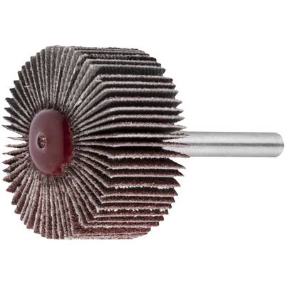 A cylindrical flap wheel with brown sandpaper flaps, attached to a metal shank, used for sanding or polishing surfaces.