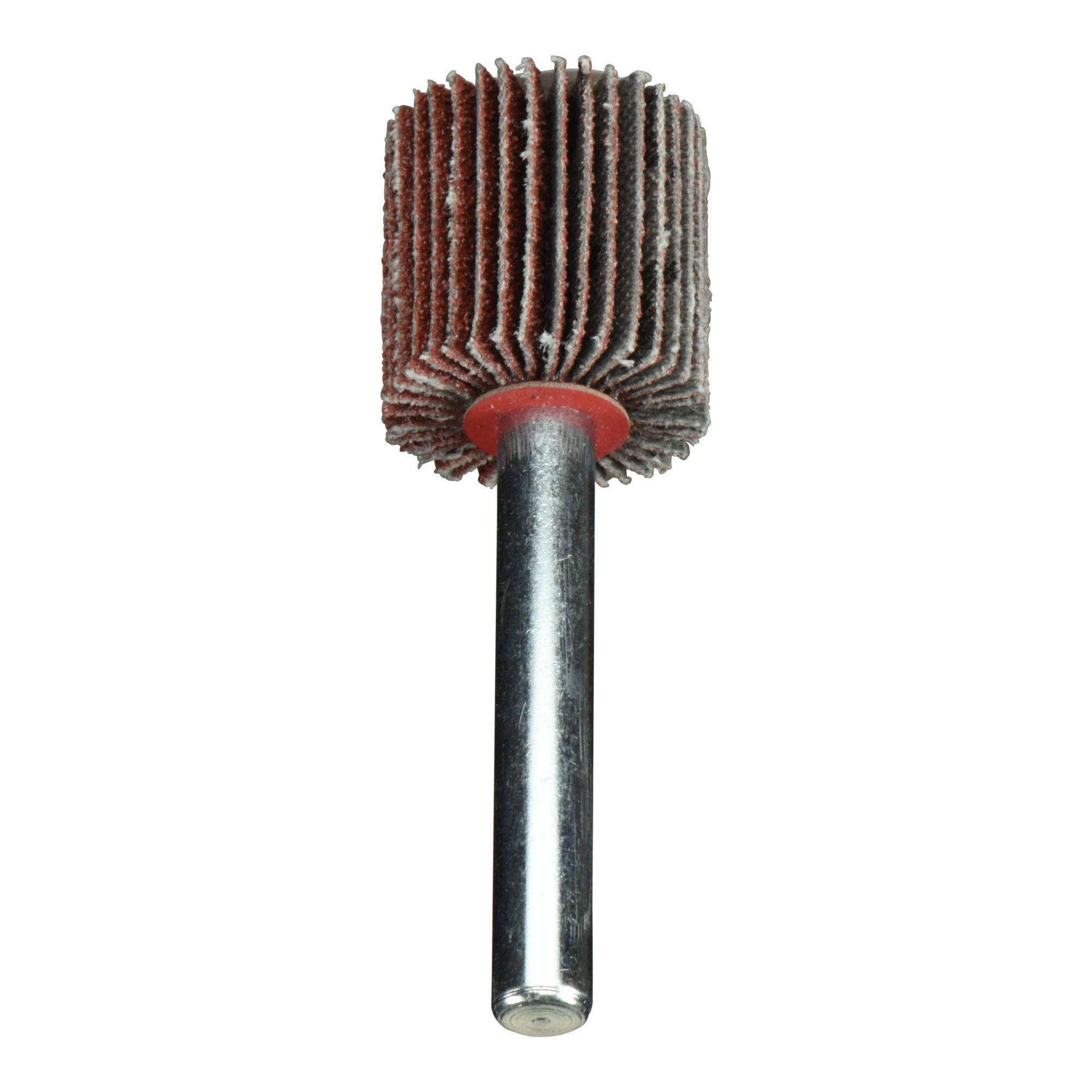 A cylindrical flap wheel sander with a metal shaft and layered abrasive flaps for surface finishing and polishing in metalworking.