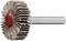 A cylindrical grinding tool with layered abrasive flaps and a metal shaft, used for smoothing or finishing surfaces.
