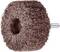 A cylindrical abrasive buffing wheel with a central hole and metal shaft, used for polishing and smoothing surfaces.