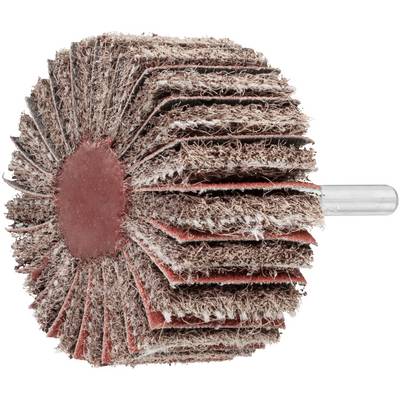 A cylindrical abrasive flap wheel with layered, rough surface for sanding, polishing, or finishing materials like metal and wood.