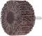 A close-up of a cylindrical abrasive flap wheel with layered sanding pads and a metal shaft in the center, used for polishing surfaces.