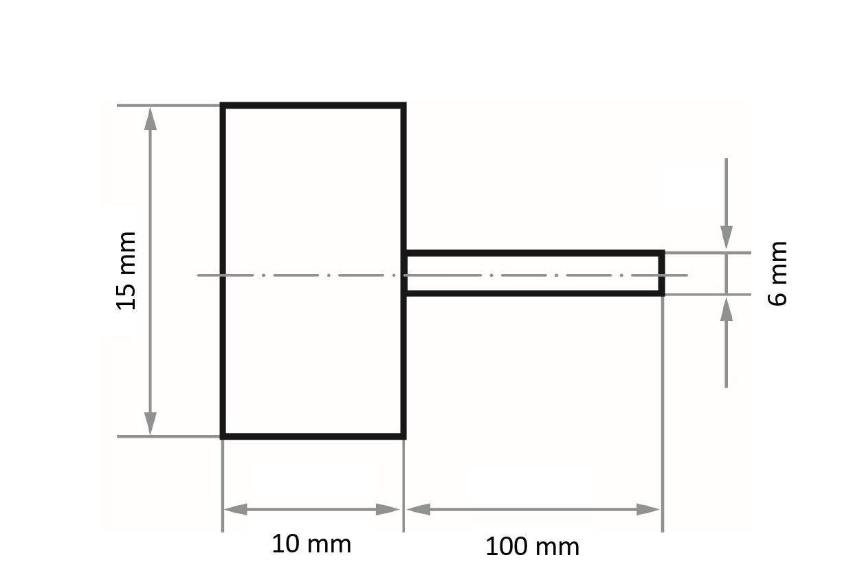 'Technical drawing of an object with a vertical section measuring 15 mm by 10 mm and a horizontal section measuring 100 mm by 6 mm.'