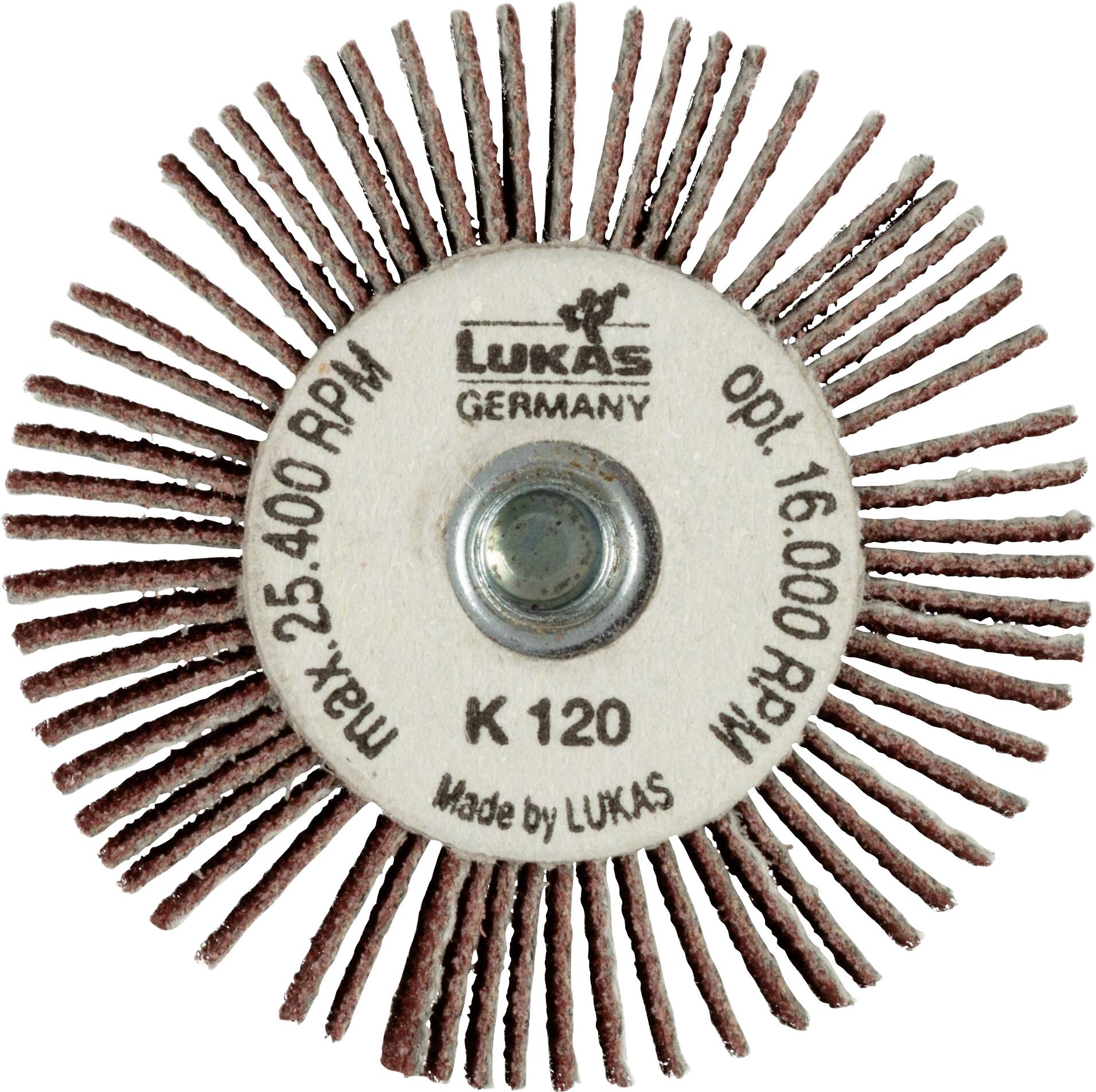 A circular sanding brush labeled 'Lukas Germany K 120,' designed for use at speeds up to 16,000 RPM.