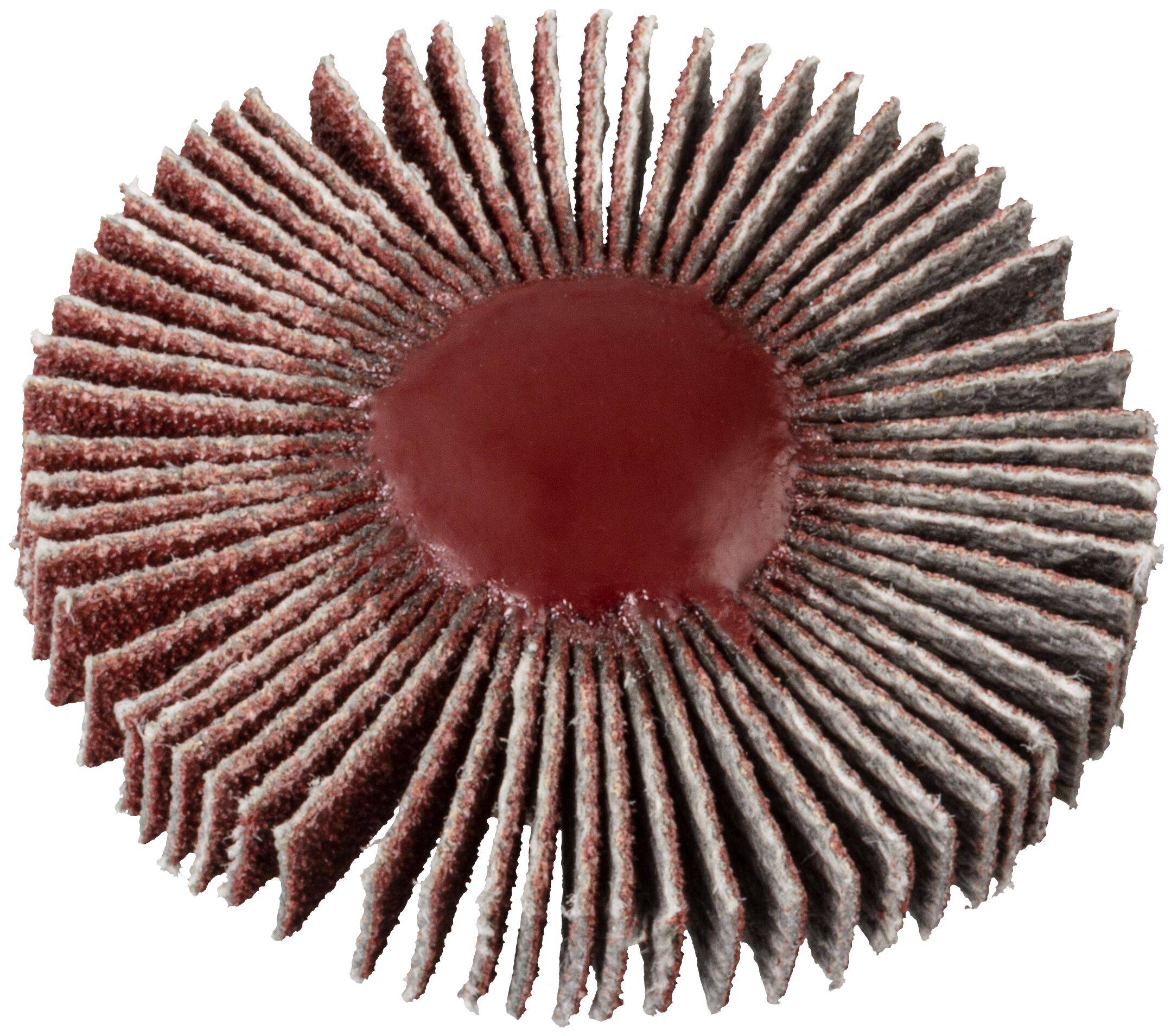 A circular abrasive flap wheel with layered, fan-like abrasive surfaces converging at a red center, used for polishing or grinding materials.