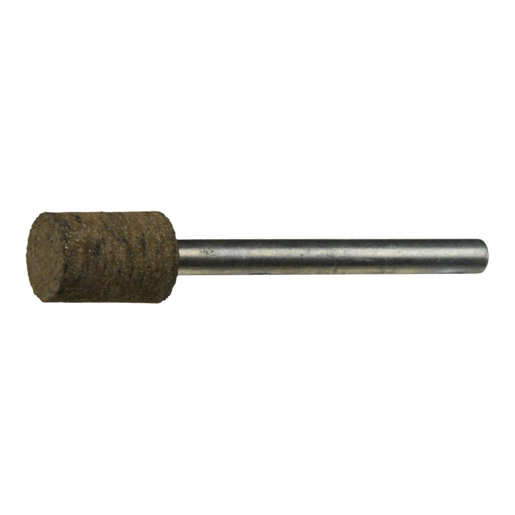 A cylindrical grinding stone with a metal shaft used for sharpening or shaping tools is shown against a plain background.
