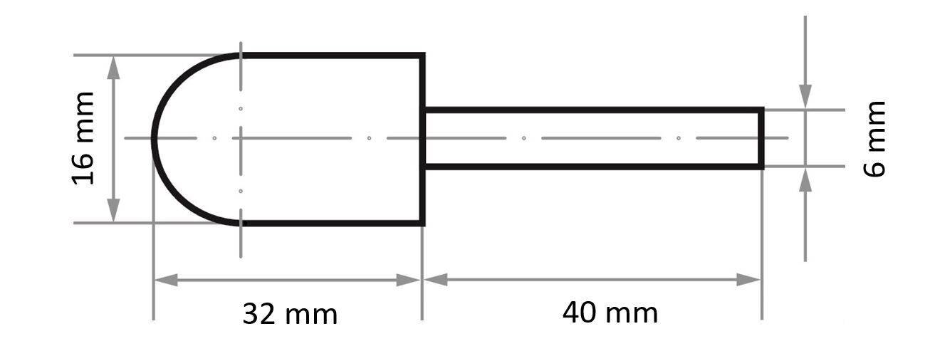 A technical drawing of a cylindrical object with a rounded end: 16 mm tall, 32 mm wide, and an extending shaft 40 mm long and 6 mm thick.
