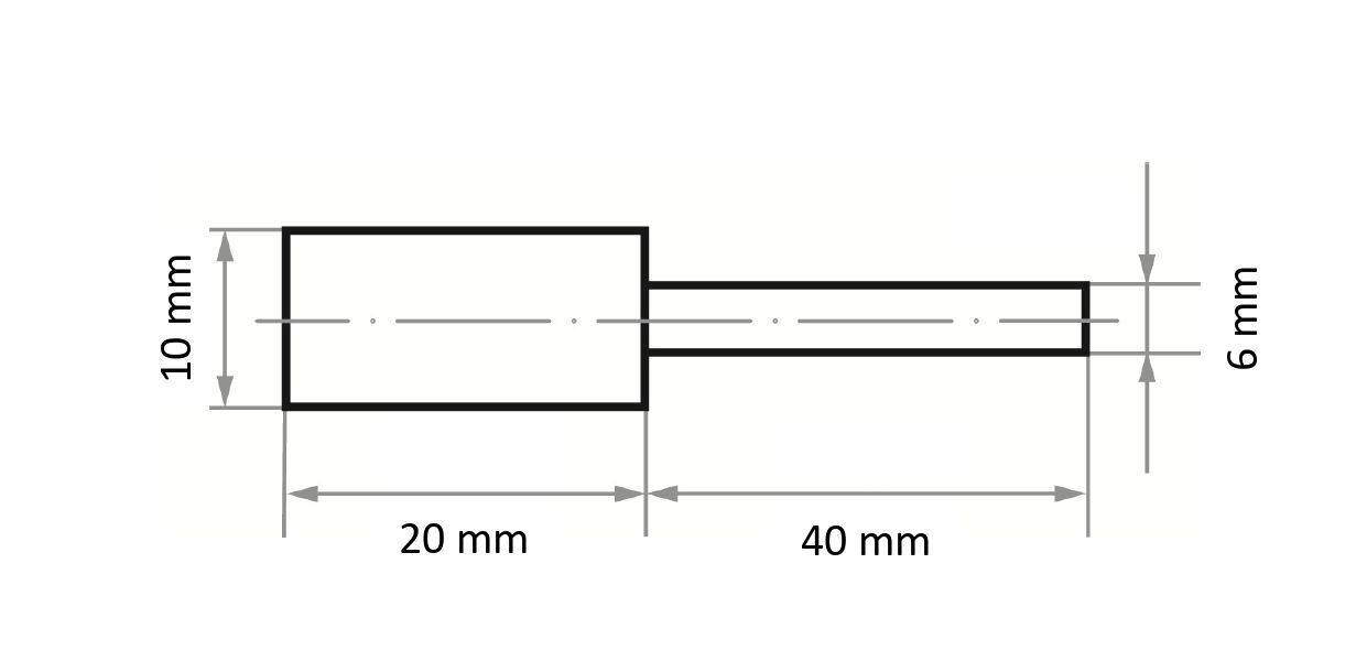 A technical drawing shows a rectangular object with dimensions: width 10 mm on the left, narrowing to 6 mm, with lengths 20 mm and 40 mm.