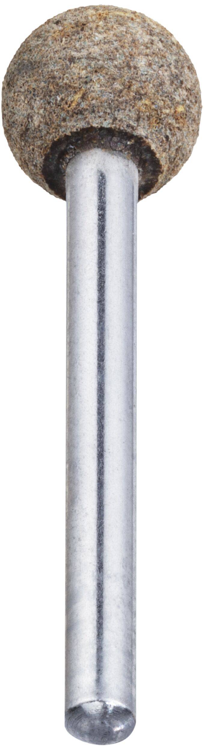 A cylindrical grinding stone with a round, brown abrasive head attached to a silver metal shaft, used for sharpening or shaping materials.