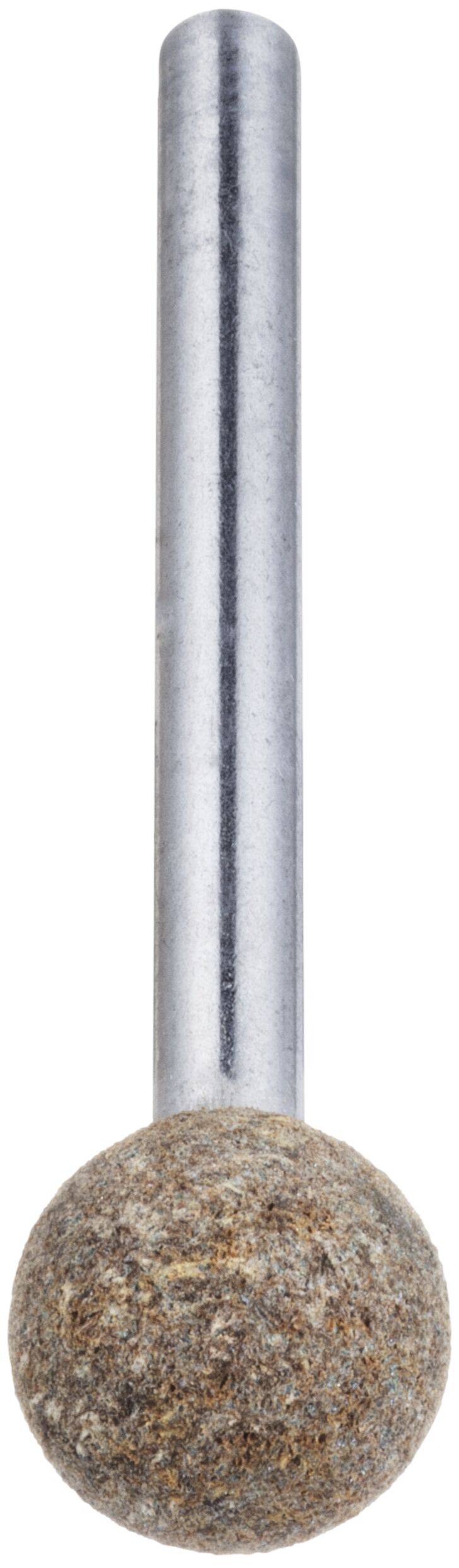 A cylindrical metal rod with a round, rough-textured stone attached at the end, likely a tool for grinding or polishing surfaces.