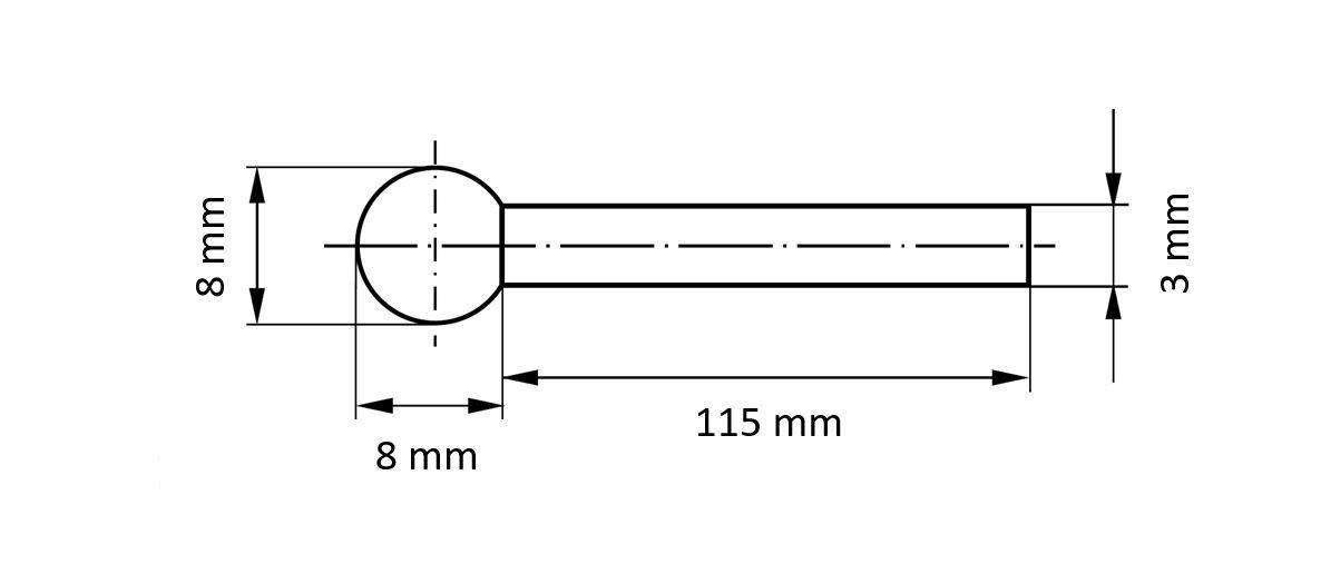 A technical drawing of a cylindrical rod with a disc end. The rod is 115 mm long and 3 mm in diameter. The disc is 8 mm in diameter.