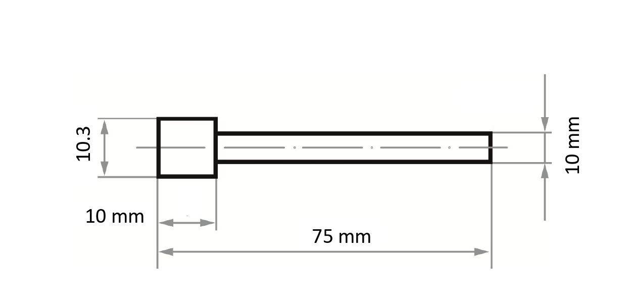 A technical drawing of a cylindrical object. The main body measures 75 mm in length and 10 mm in diameter, with an end section 10.3 mm wide.