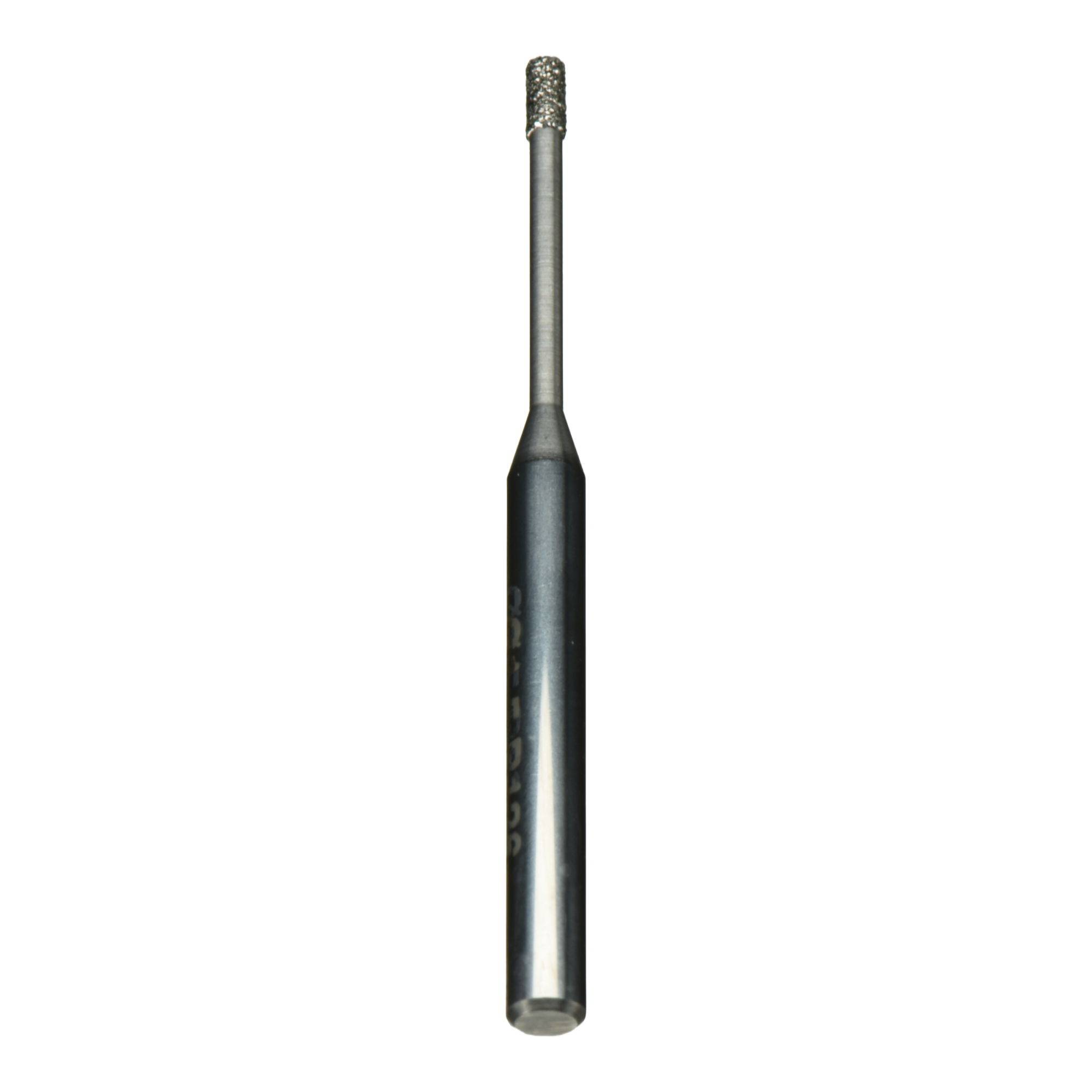 A cylindrical, metallic dental drill with a textured head, used for precise dental procedures, shown against a plain white background.