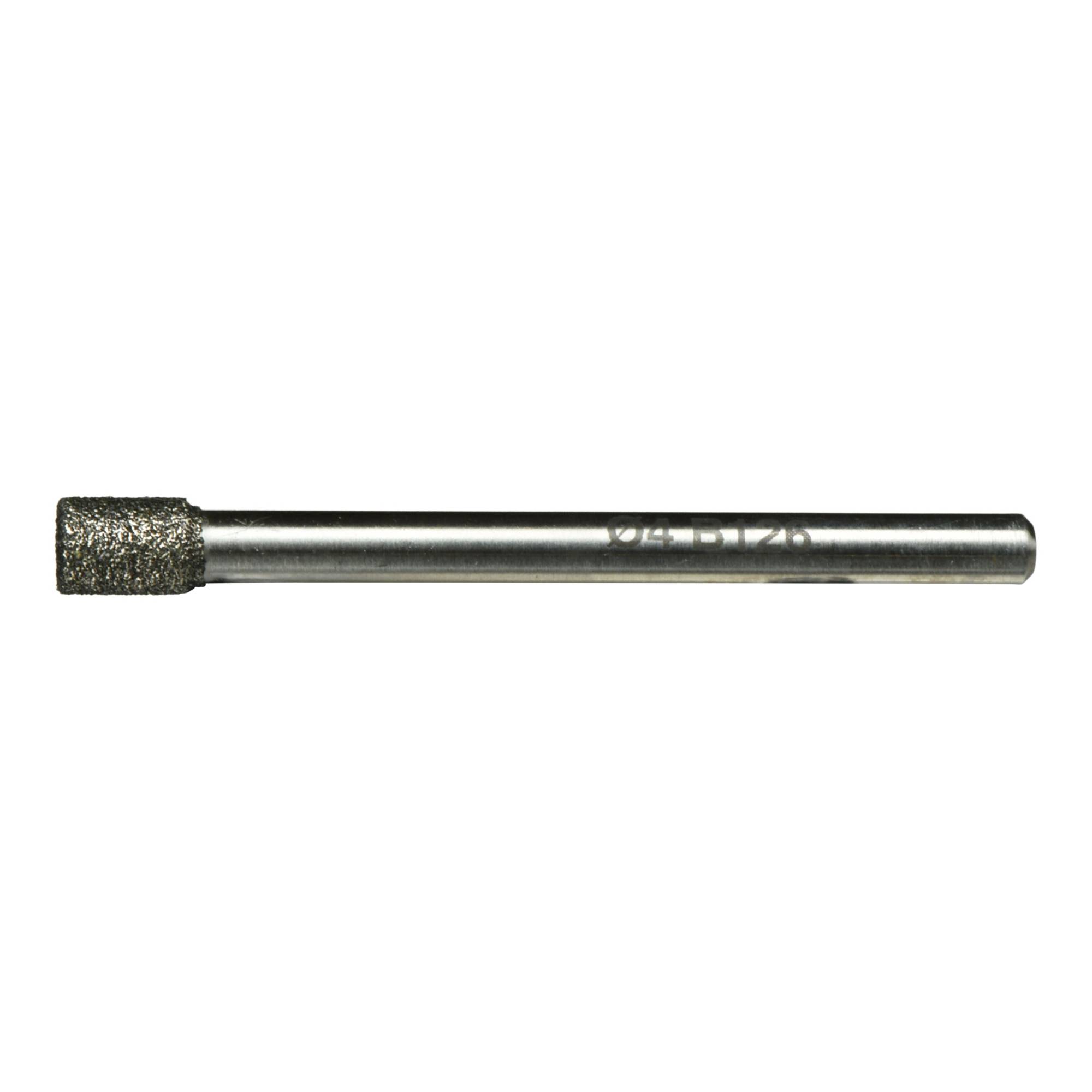 A diamond-tipped cylindrical drill bit with a metallic shaft, used for drilling hard materials.