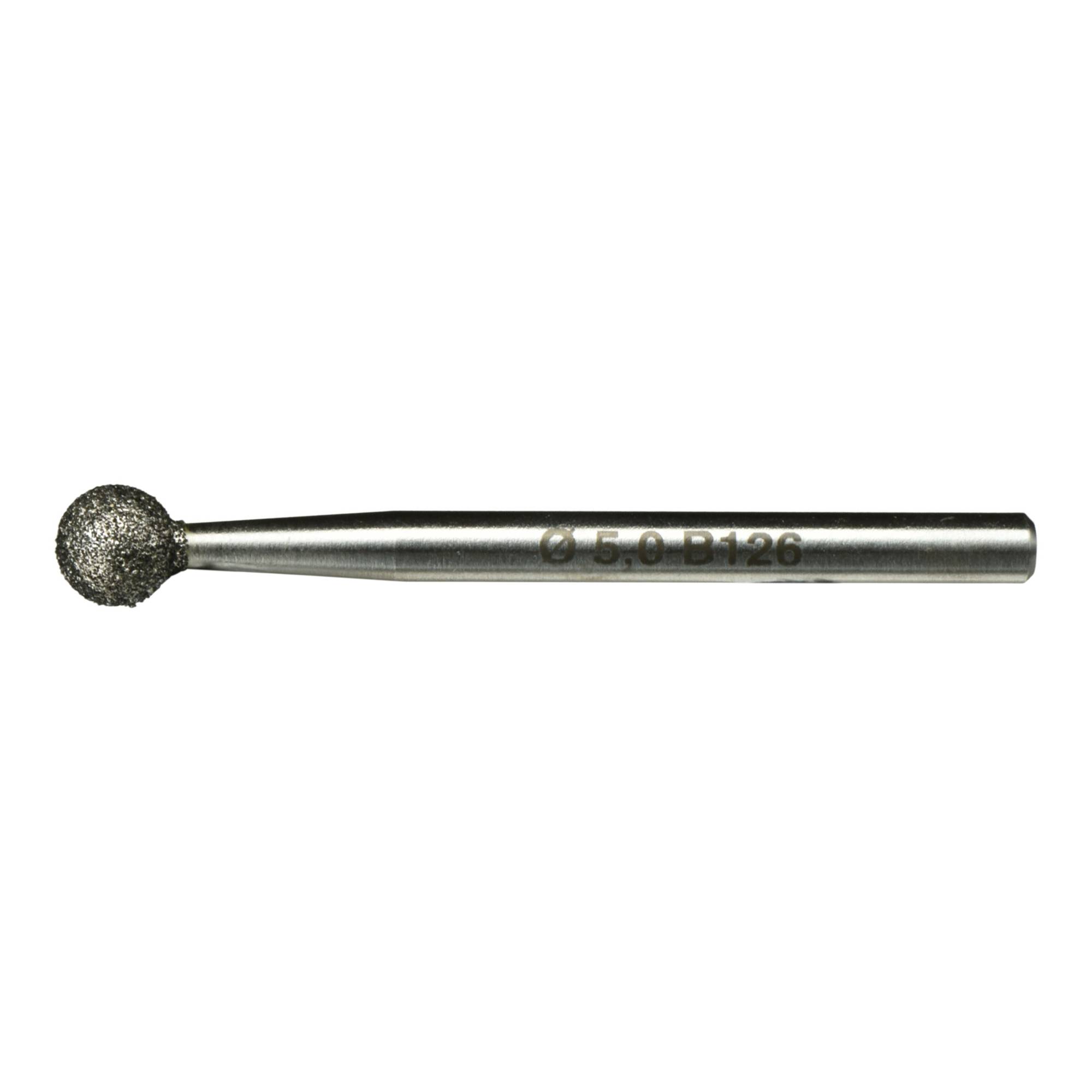 A metal dental bur tool with a spherical diamond-coated head, used for precise dental procedures or surface shaping, shown on a white background.