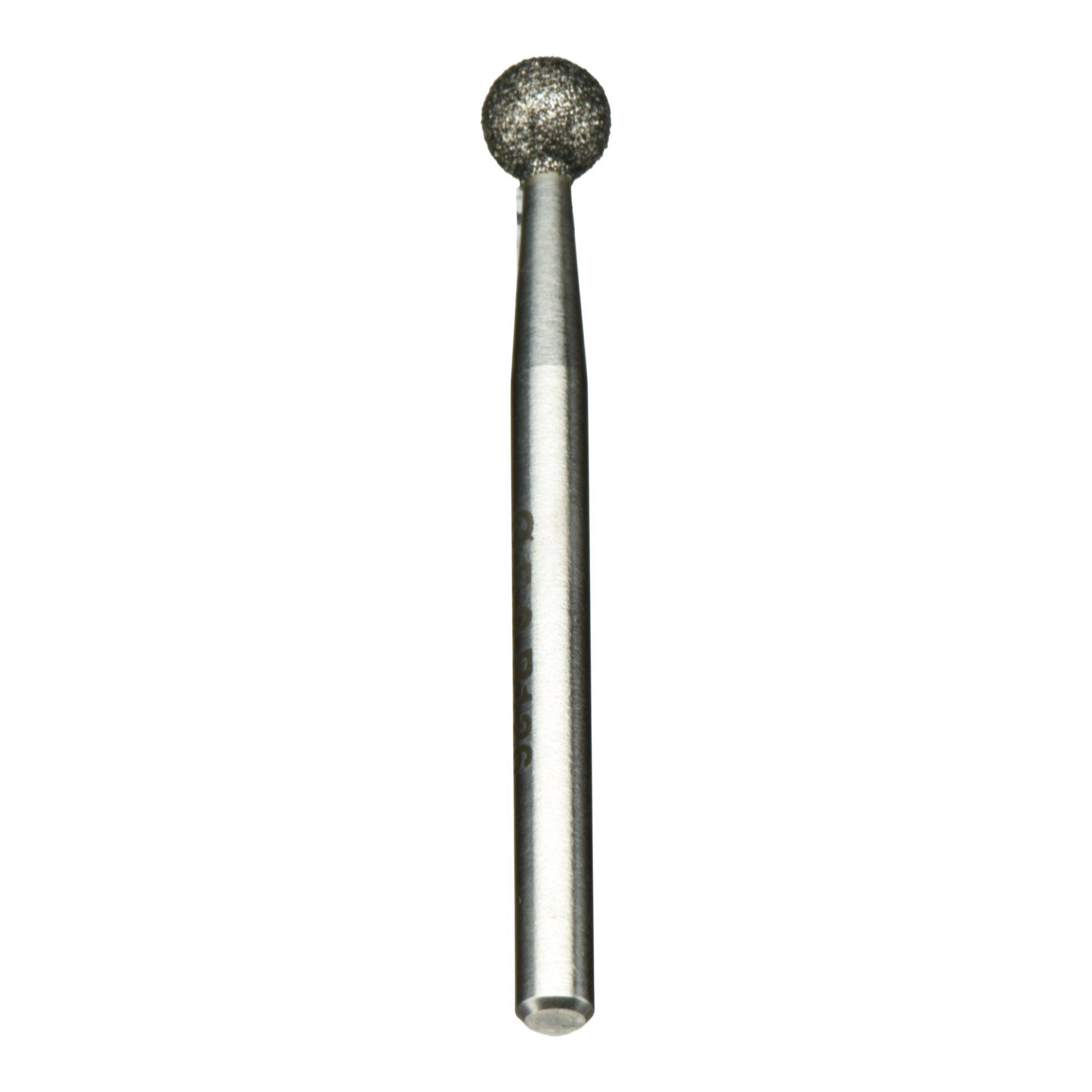 A metal burr tool with a round, abrasive head used for shaping and cutting hard materials like metal or wood.