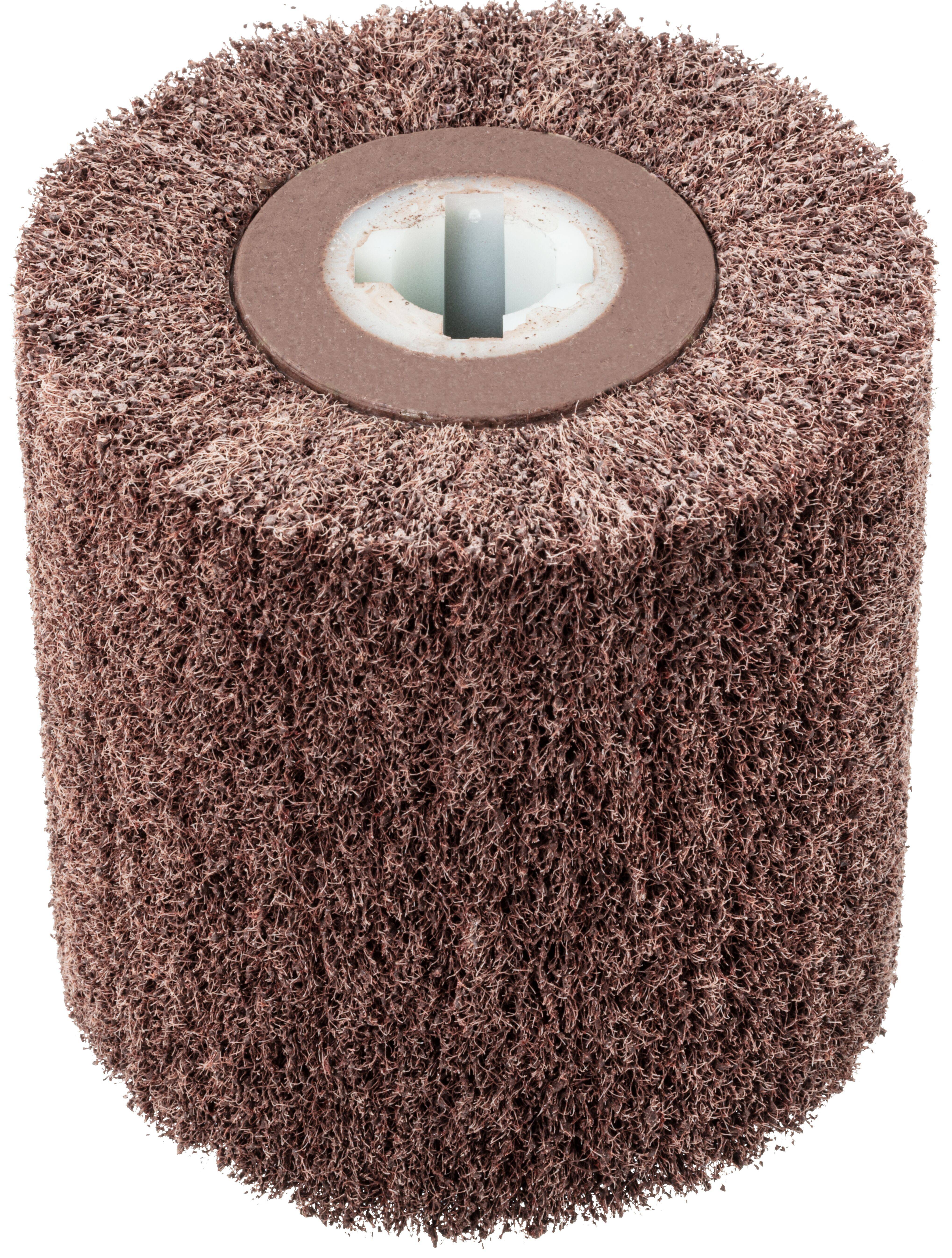 A cylindrical abrasive brush wheel with dense bristles designed for polishing or surface finishing, featuring a central mounting hole.