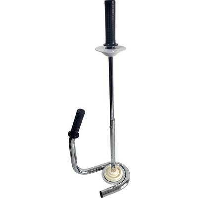 A chrome boot-shaped stick with a black handle, designed for use in a urinal, incorporates a plunger and secondary side handle.