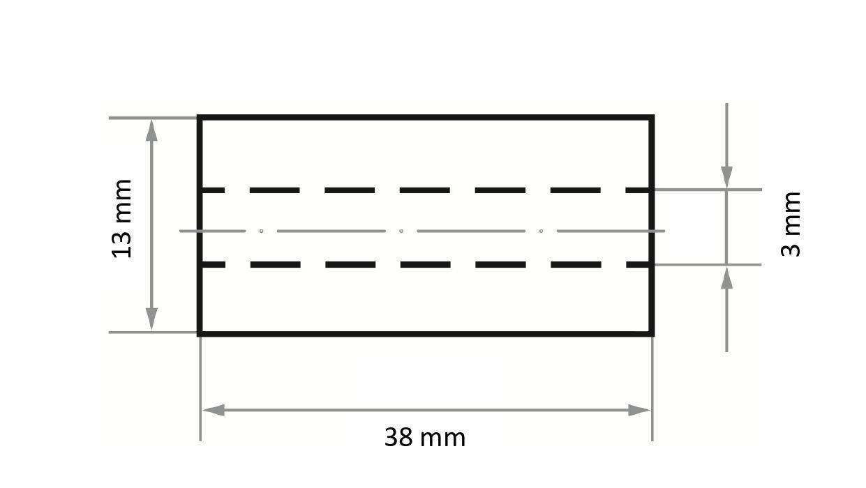 A technical diagram of a rectangular object, 38 mm wide and 13 mm tall, with a dashed line down the center and marked 3 mm section.