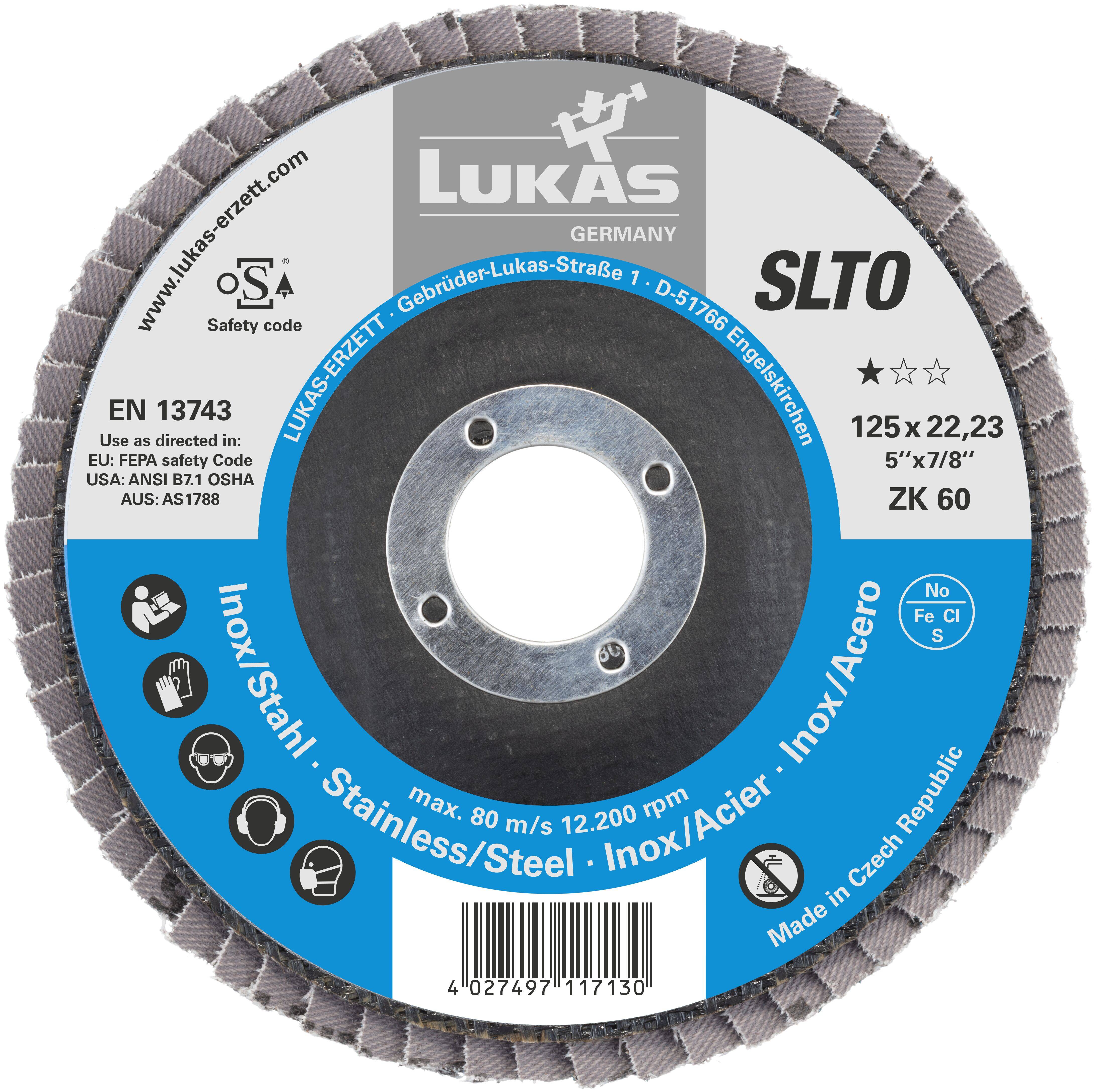 'Abrasive disc labeled SLTO by Lukas, suitable for stainless steel. Size: 125x22.23 mm, speed: 80 m/s, 12,200 RPM. Made in Czech Republic.'