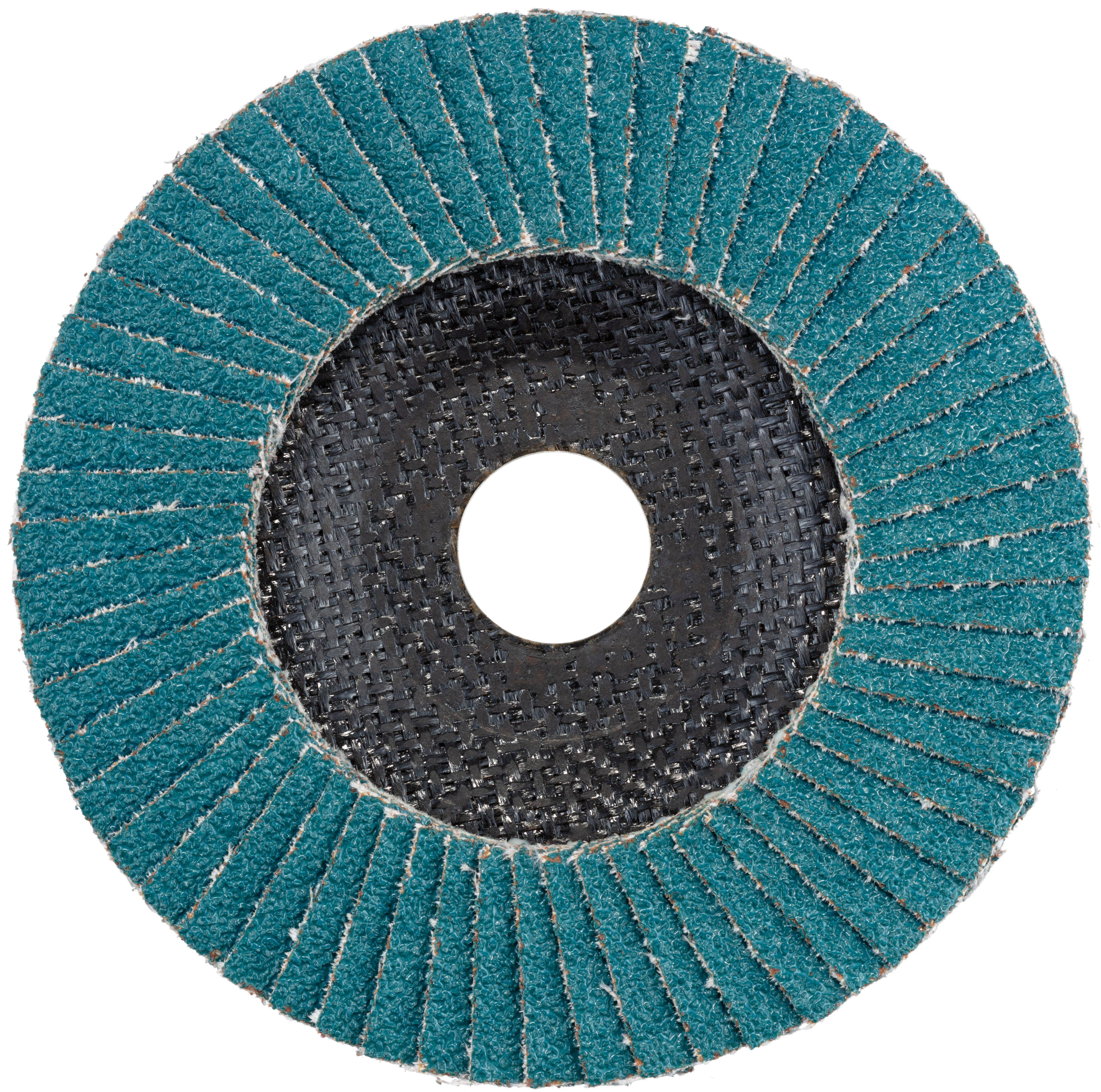 A circular sanding flap disc with blue abrasive layers arranged around a black center, used for metal and wood surface finishing.