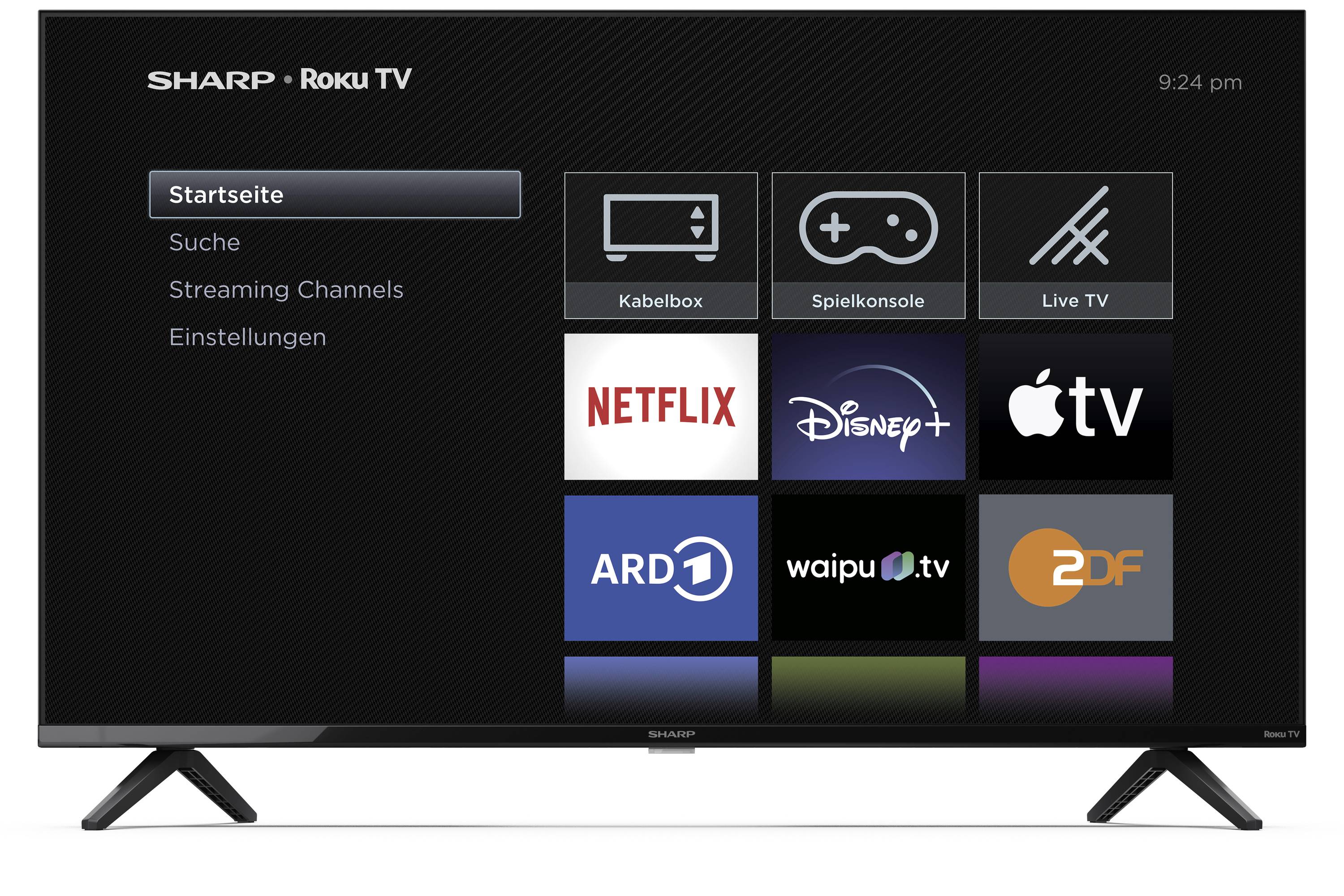 'Roku TV interface displaying menu options: Startseite, Suche, Streaming Channels, Einstellungen; app icons for Netflix, Disney+, Apple TV, ARD1, waipu.tv, ZDF; 9:24 pm.'