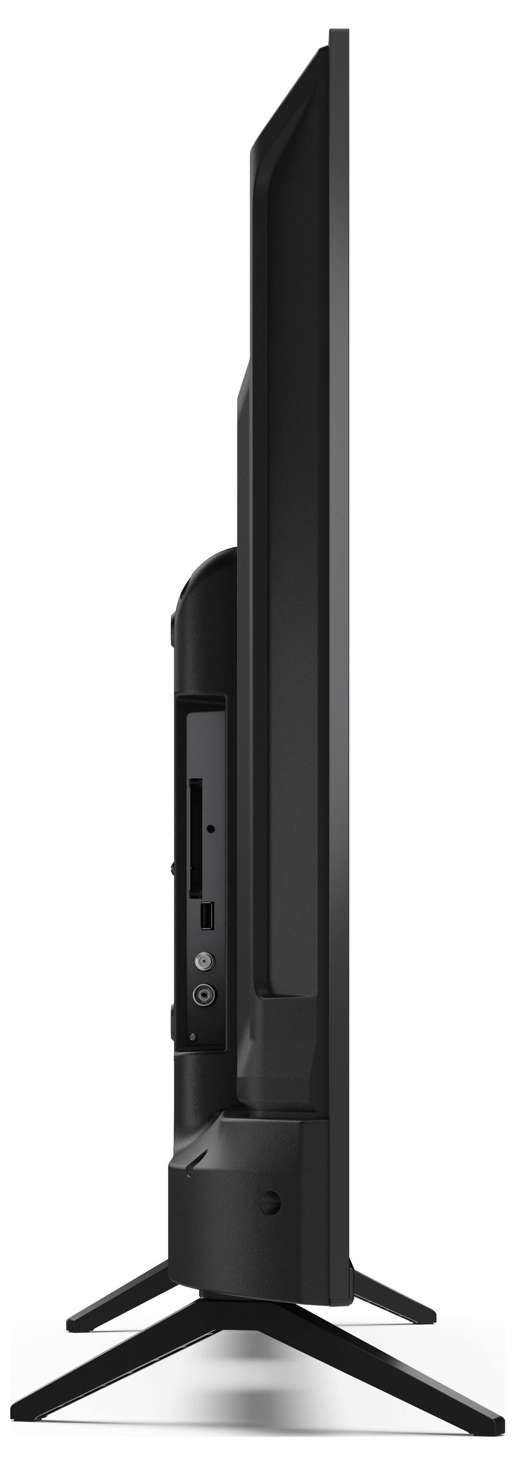 A slim, flat-screen TV viewed from the side, showing its thin profile and stand, emphasizing design efficiency.