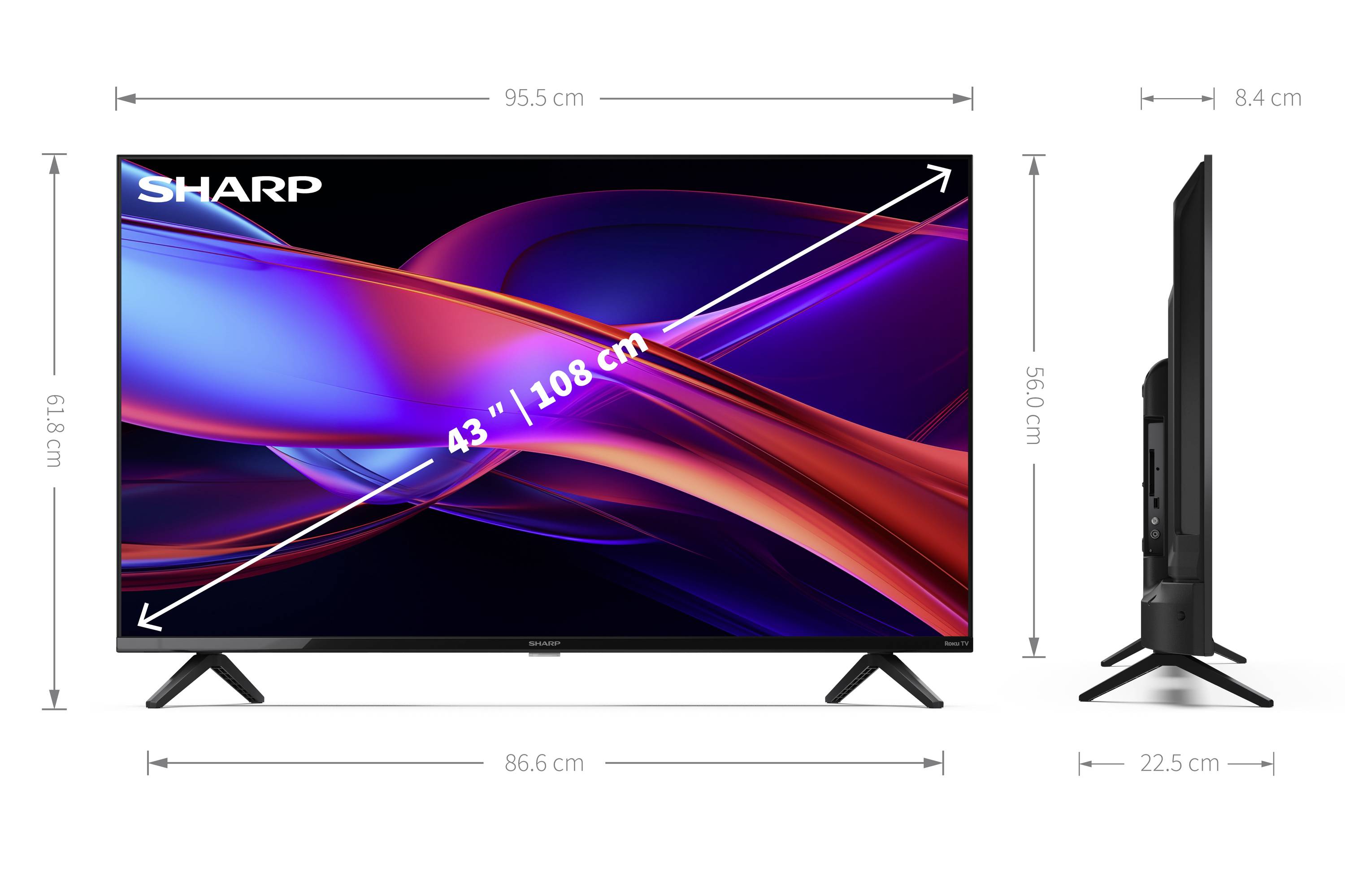'Sharp 43" LED TV' with dimensions: 95.5 cm width, 56.6 cm height, 8.4 cm depth. Side view shows slim design and stand width of 22.5 cm.