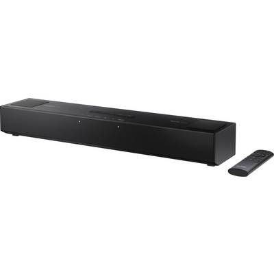 A black soundbar labeled 'Sony' next to a matching remote control. The soundbar has a sleek design with buttons on top.