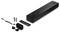 A black audio soundbar with accessories including a power cord, batteries, a remote control, and an adapter are displayed on a white background.