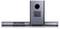 A sleek audio system with a black subwoofer and a horizontal soundbar, showing the back panel connectors and ports, on a white background.