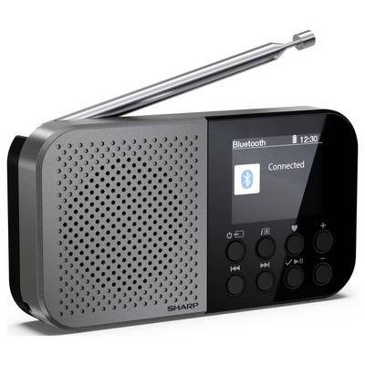 A portable radio with Bluetooth connectivity, showing the screen 'Connected' and control buttons for play, pause, volume, and radio tuning.