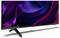 A sleek, modern television with a vibrant purple and pink wavy abstract display screen, featuring a sturdy black stand.