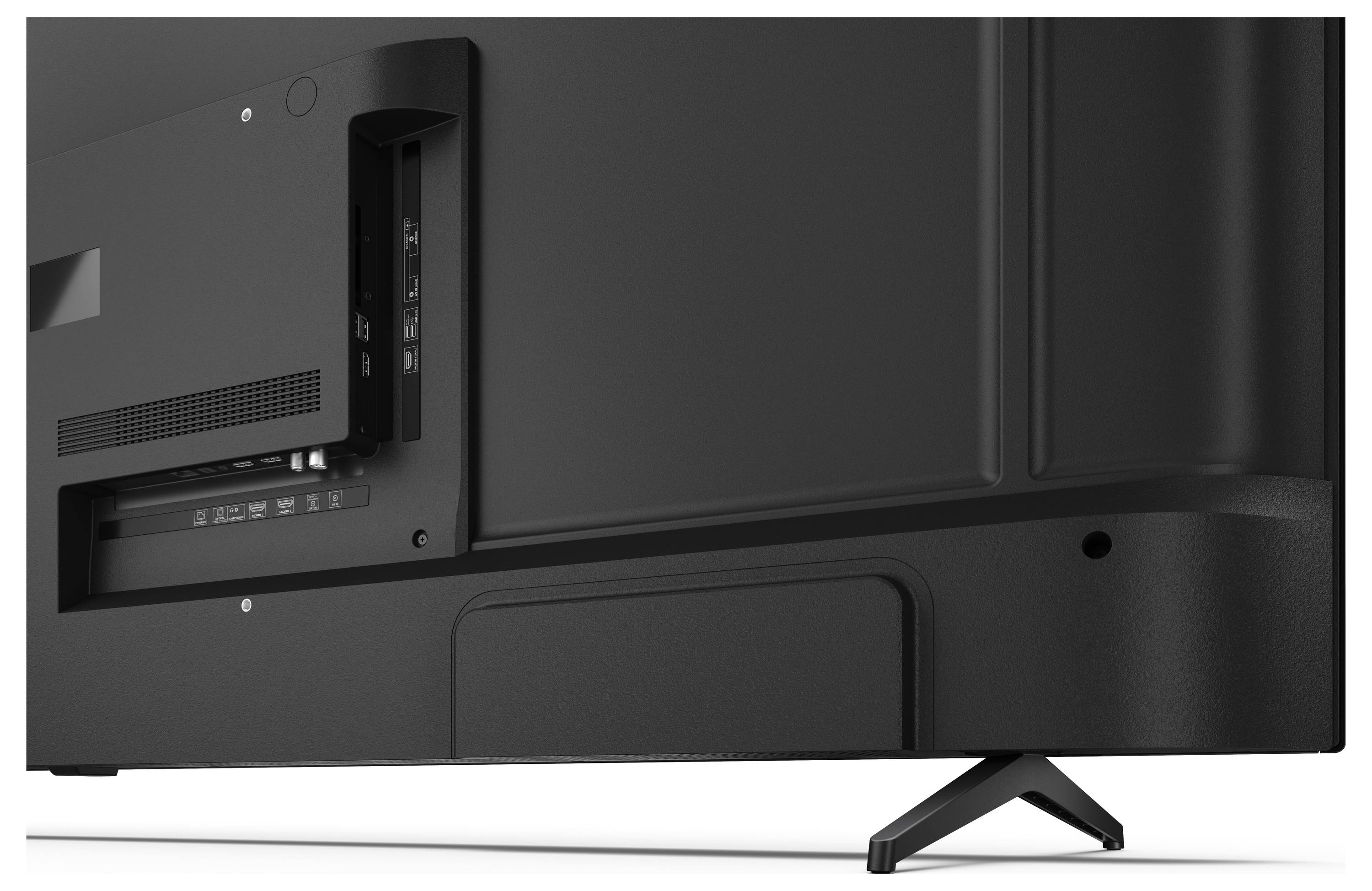 Back view of a flat-screen TV showing various input ports and a stand, highlighting connectivity options and panel design.