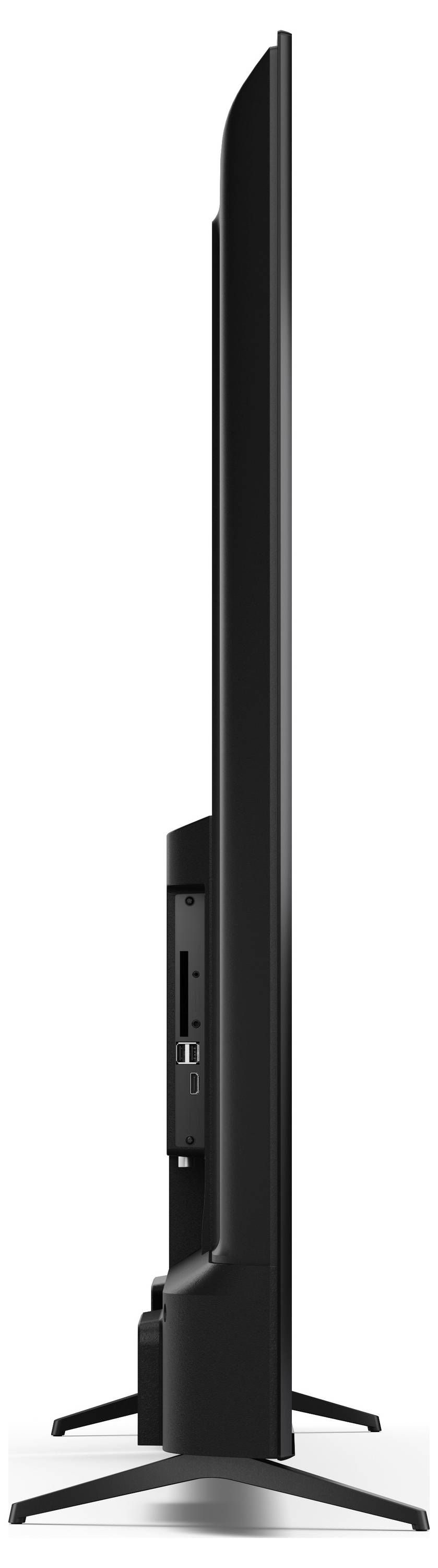 Side view of a thin flat-screen television on two angular stands, showing its slender profile and rear connectivity ports.