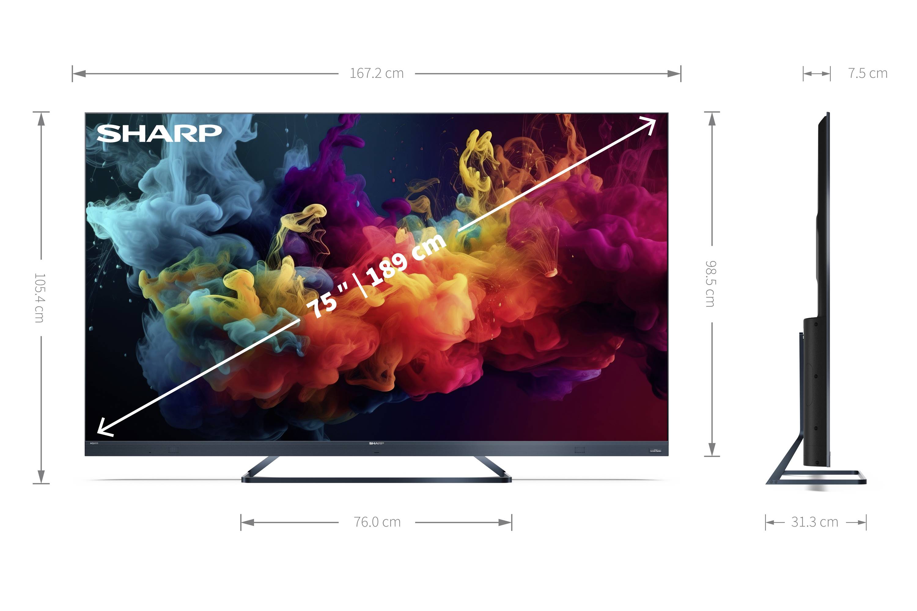 'Sharp 75''-189 cm TV' shown with vibrant color display and slim design. Dimensions: 167.2 cm wide, 95.5 cm high, 31.3 cm deep.