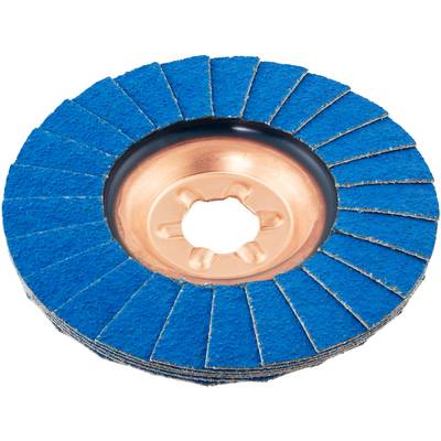 A blue abrasive flap disc with evenly spaced segments surrounding a central metal hub, used for sanding and finishing surfaces.