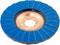 A blue abrasive flap disc with evenly spaced segments surrounding a central metal hub, used for sanding and finishing surfaces.