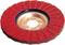 A red abrasive flap disc with a metal center, used for surface grinding and finishing in industrial settings.