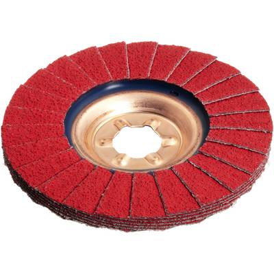 A red abrasive flap disc with a metal center is used for grinding and finishing metal surfaces. It features overlapping abrasive flaps.