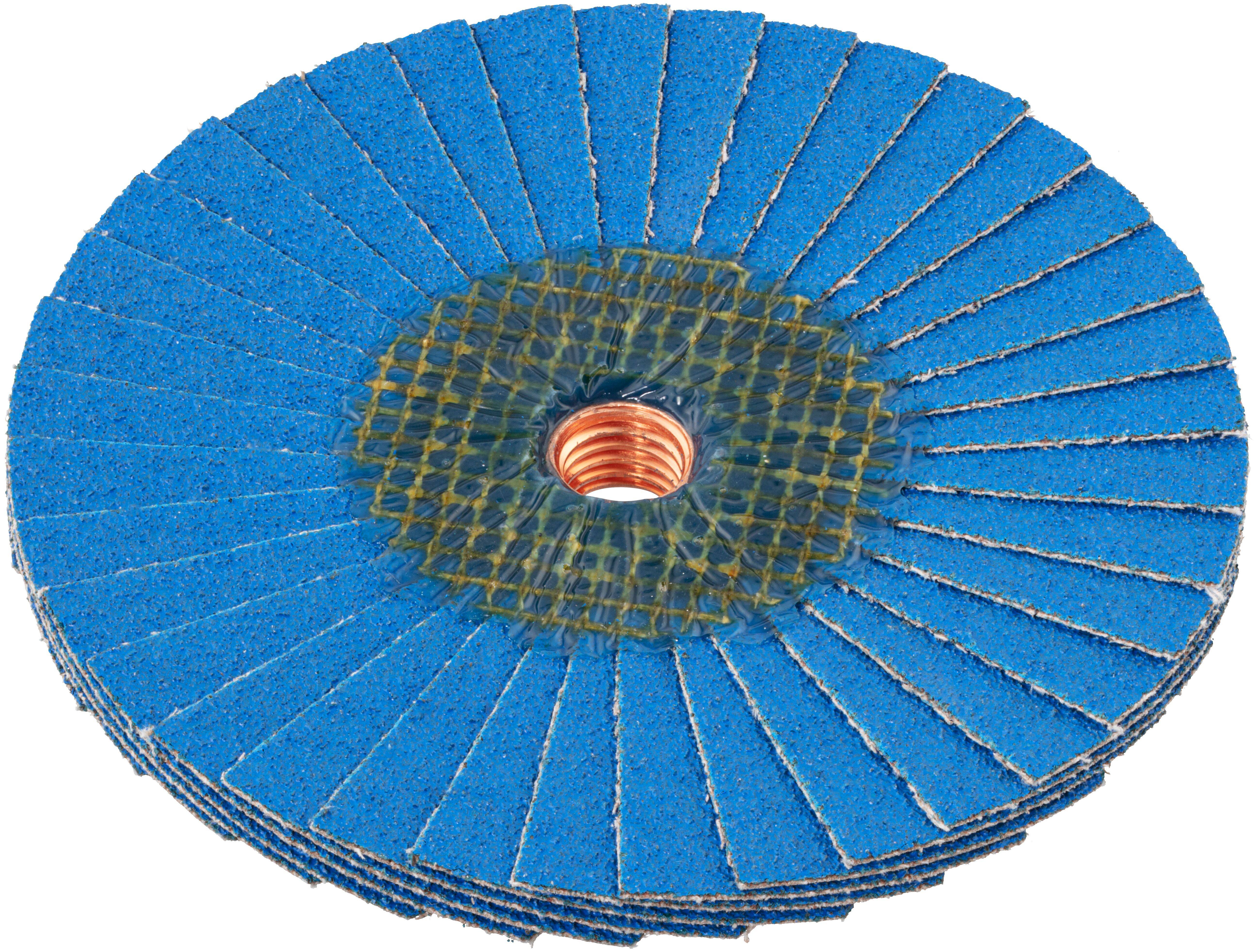 Blue abrasive flap discs stacked together, showing the layered construction used for grinding or polishing materials.