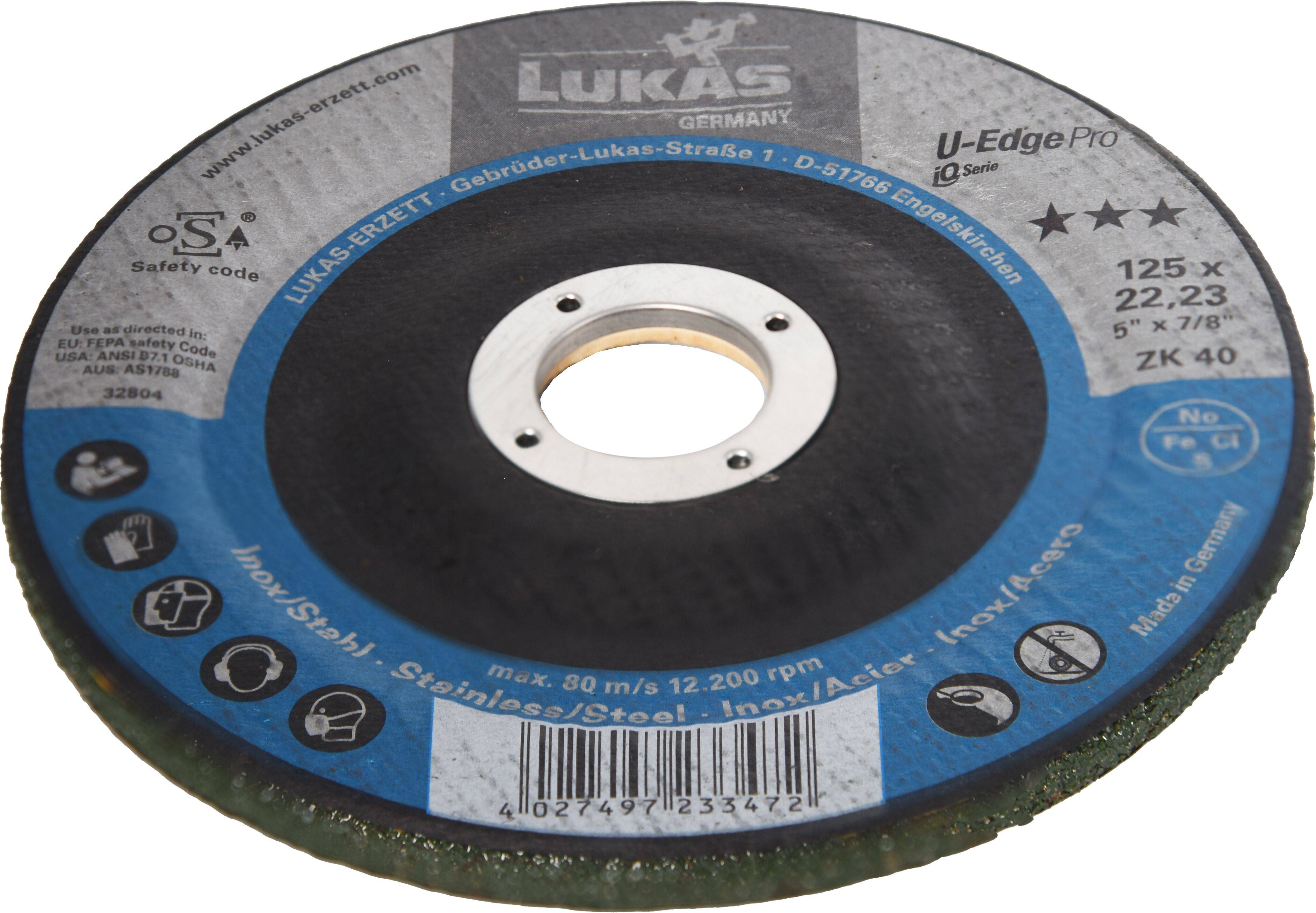 'Grinding disc labeled "LUKAS Germany U-Edge Pro" with specifications: 125x22.23 mm, for stainless steel, max 80 m/s, 12,200 rpm.'