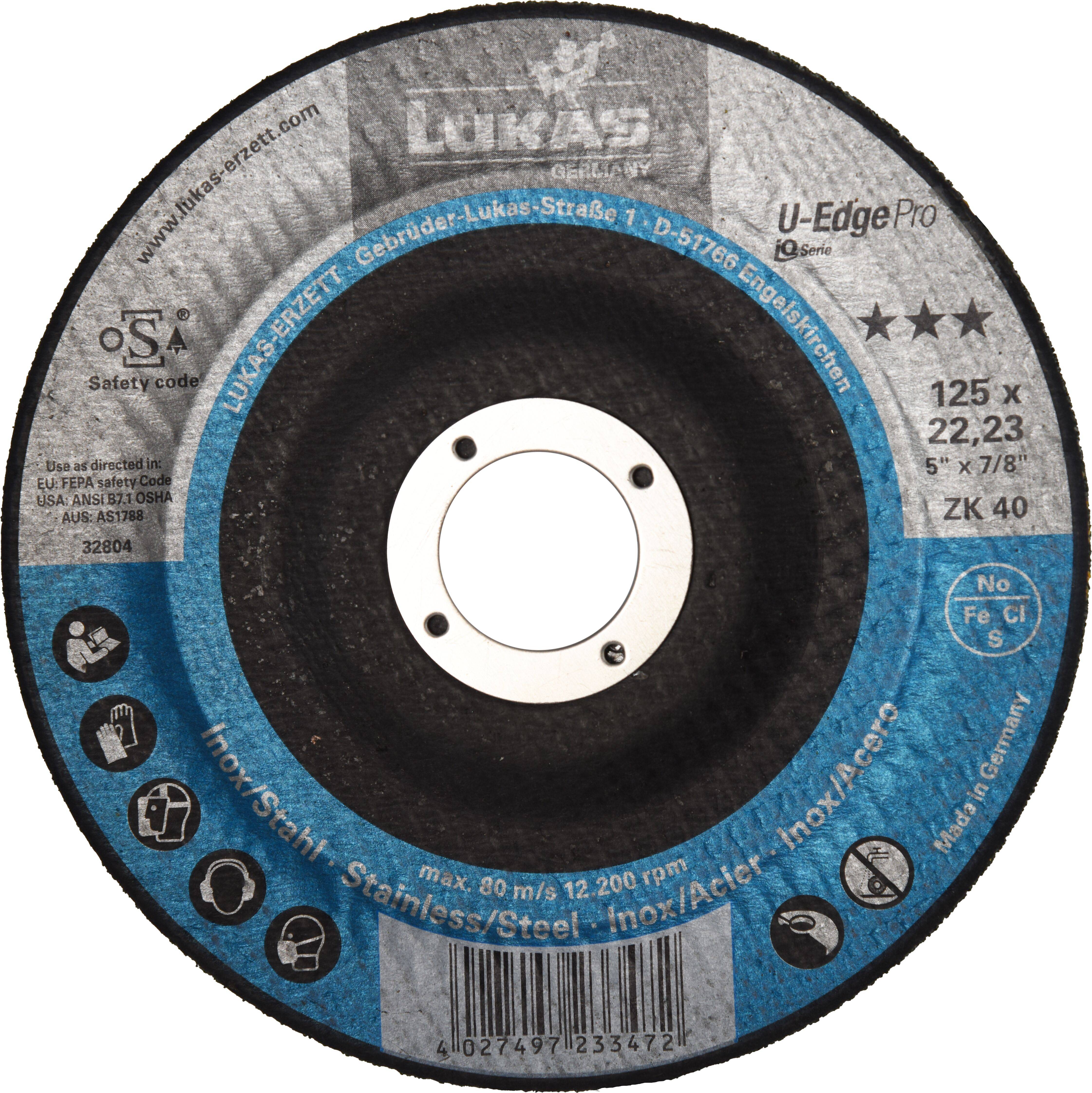 The image shows a disc labeled 'Lukas U-Edge Pro', with specifications '125 x 22.23 mm' and 'ZK 40', used for grinding stainless steel.