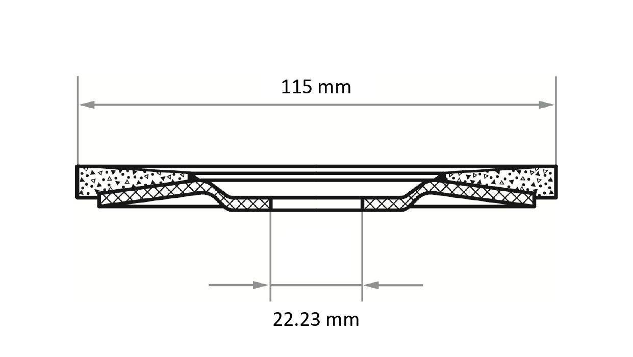Cross-sectional diagram of a layered component with top surface width labeled '115 mm' and a lower section width labeled '22.23 mm'.