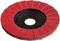 'A red and black abrasive flap disc with a round center hole, used for metal finishing and grinding.'
