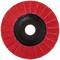 A red abrasive flap disc with a black center and a hole in the middle, used for sanding and grinding surfaces.