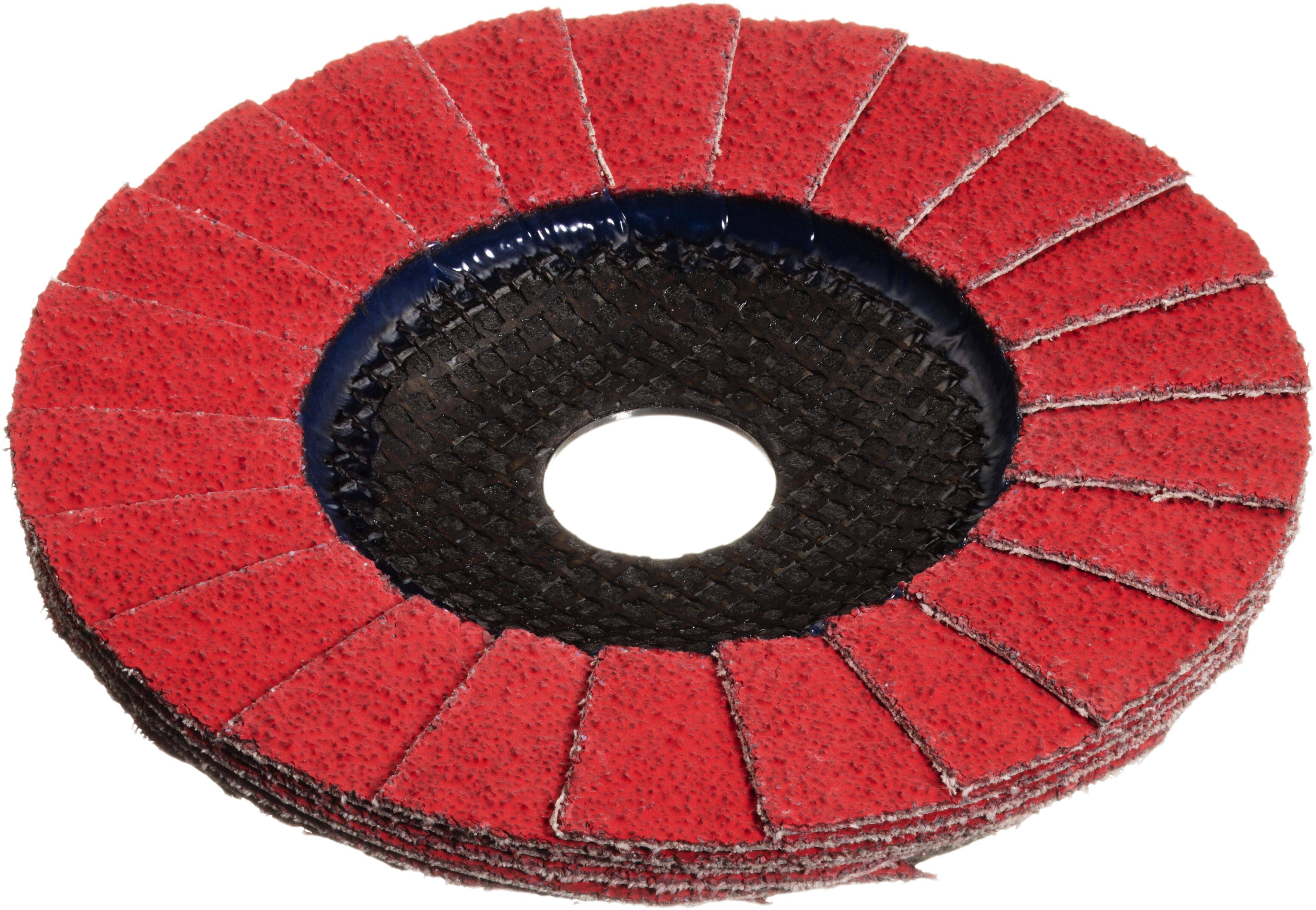 A red segmented abrasive disc with a black center, designed for grinding and finishing surfaces.