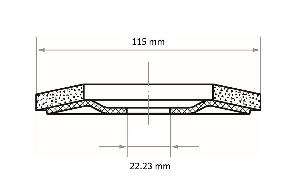 Cross-section diagram showing a layered structure with a total width of 115 mm and a central section width of 22.23 mm.