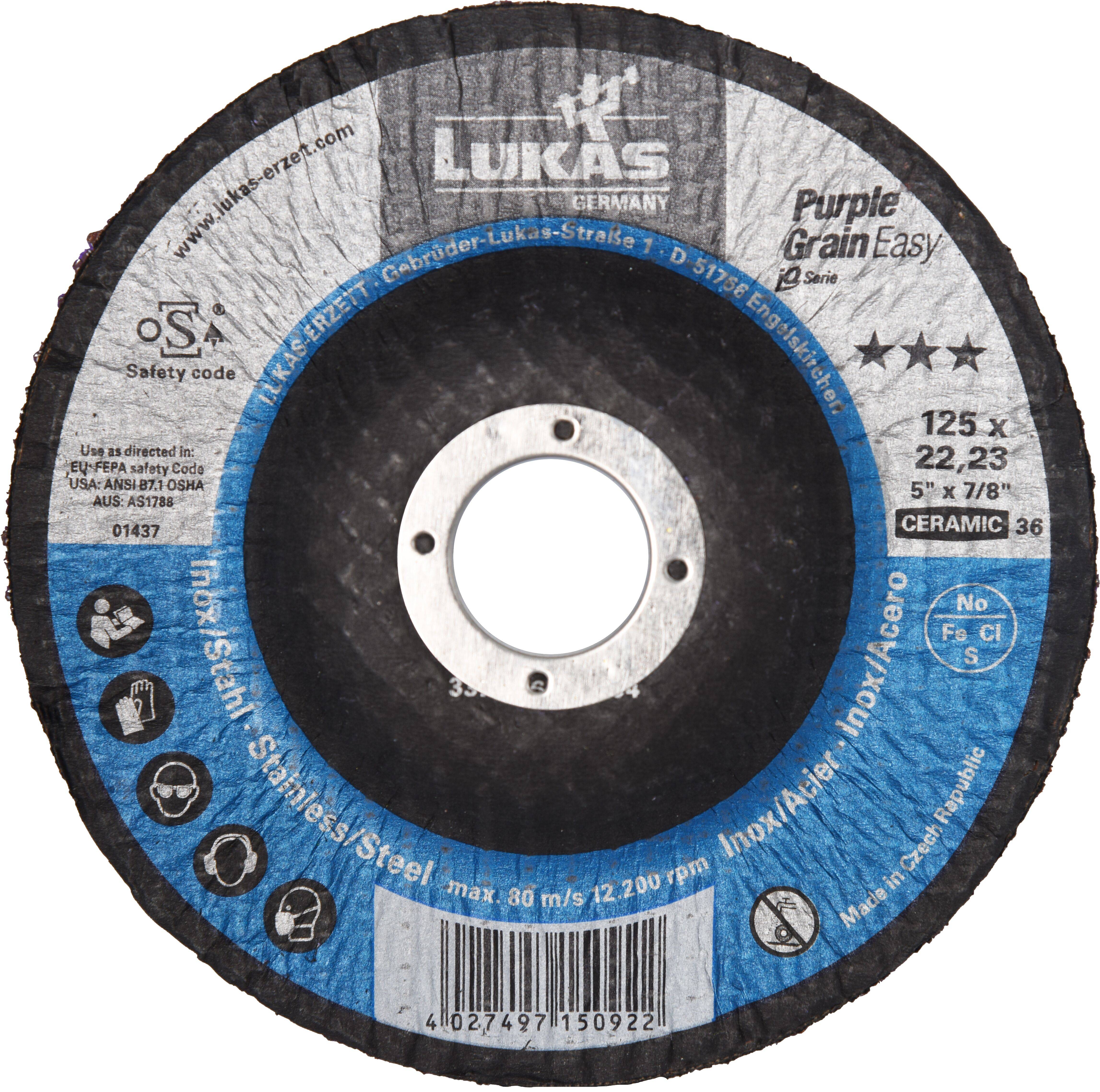 A circular cutting disc labeled 'Lukas Ceramic,' suitable for stainless steel, with dimensions 125 x 22.23 mm, max 80 m/s, 12,200 rpm.